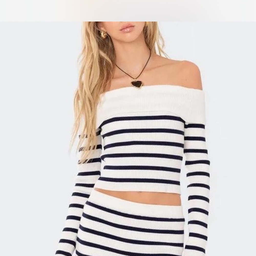 Edikted Striped Off-Shoulder Sweater - Navy and White